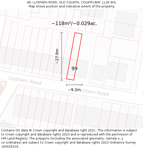 99, LLYSFAEN ROAD, OLD COLWYN, COLWYN BAY, LL29 9HL: Plot and title map