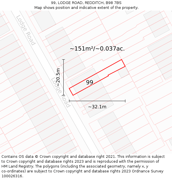 99, LODGE ROAD, REDDITCH, B98 7BS: Plot and title map