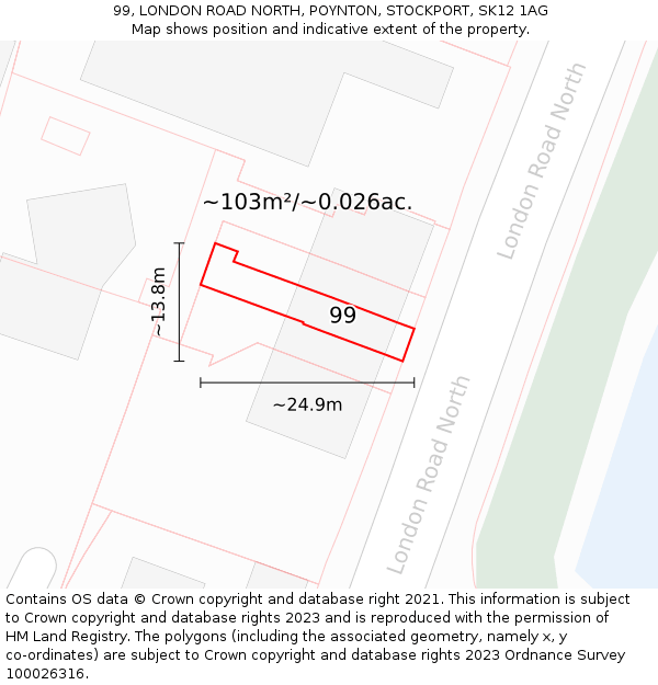 99, LONDON ROAD NORTH, POYNTON, STOCKPORT, SK12 1AG: Plot and title map
