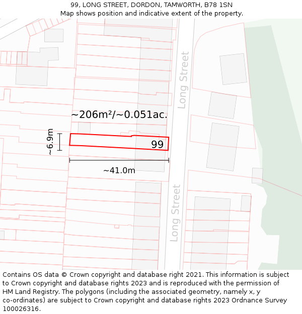 99, LONG STREET, DORDON, TAMWORTH, B78 1SN: Plot and title map