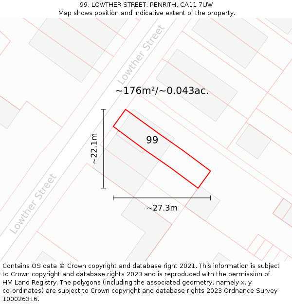 99, LOWTHER STREET, PENRITH, CA11 7UW: Plot and title map