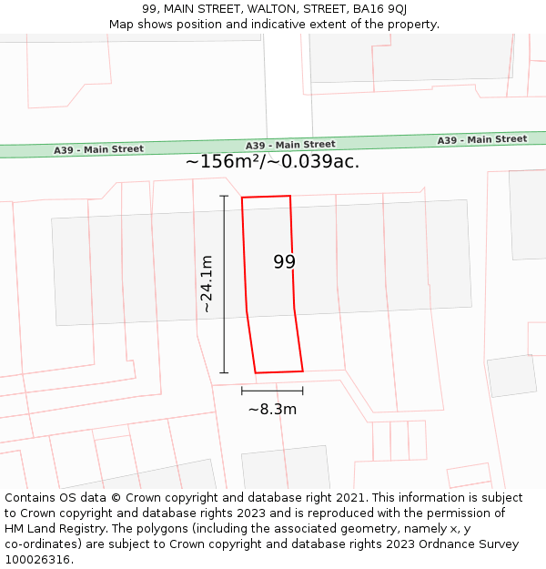 99, MAIN STREET, WALTON, STREET, BA16 9QJ: Plot and title map