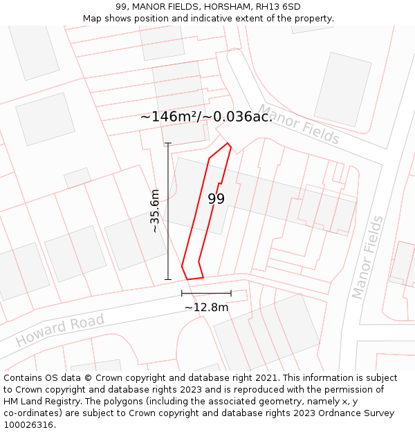 99, MANOR FIELDS, HORSHAM, RH13 6SD: Plot and title map