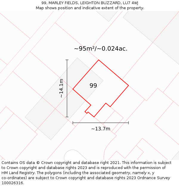 99, MARLEY FIELDS, LEIGHTON BUZZARD, LU7 4WJ: Plot and title map