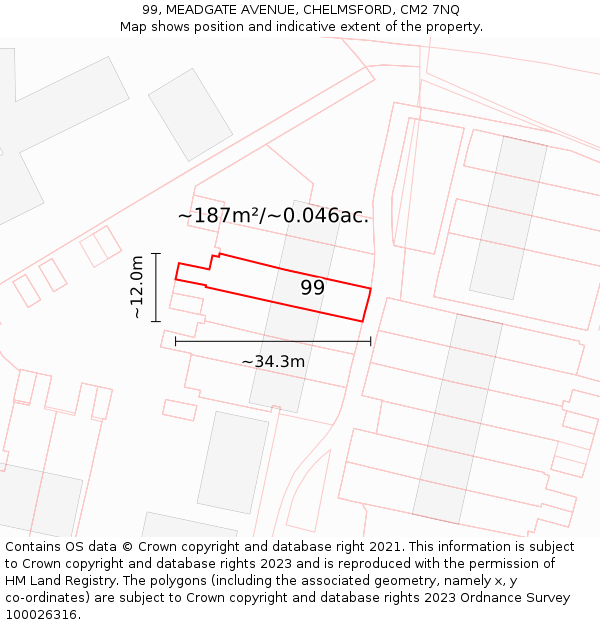 99, MEADGATE AVENUE, CHELMSFORD, CM2 7NQ: Plot and title map
