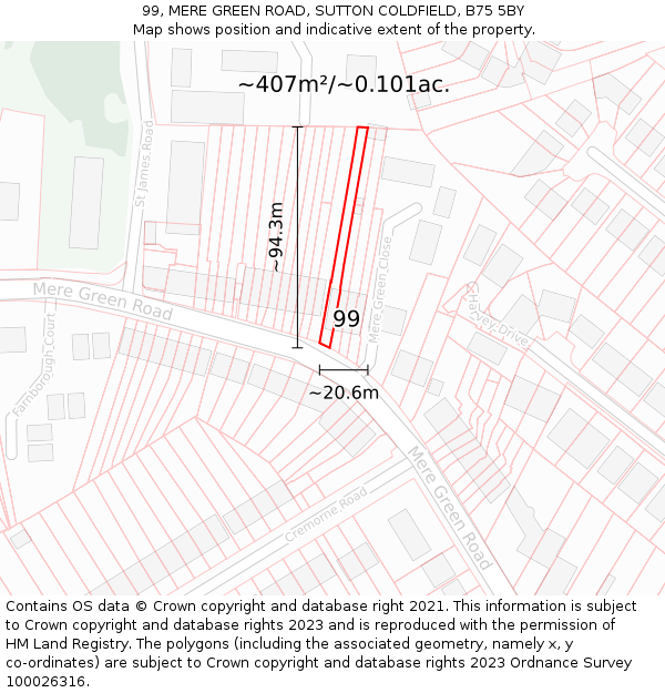 99, MERE GREEN ROAD, SUTTON COLDFIELD, B75 5BY: Plot and title map