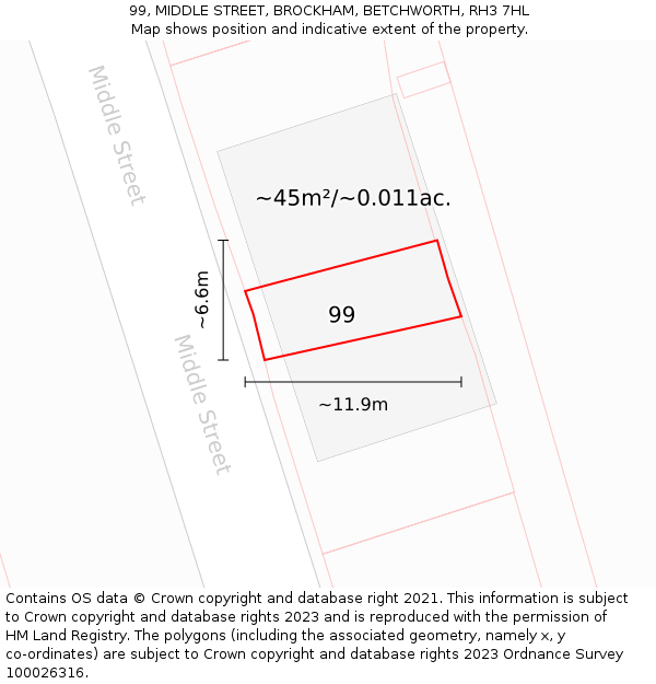 99, MIDDLE STREET, BROCKHAM, BETCHWORTH, RH3 7HL: Plot and title map