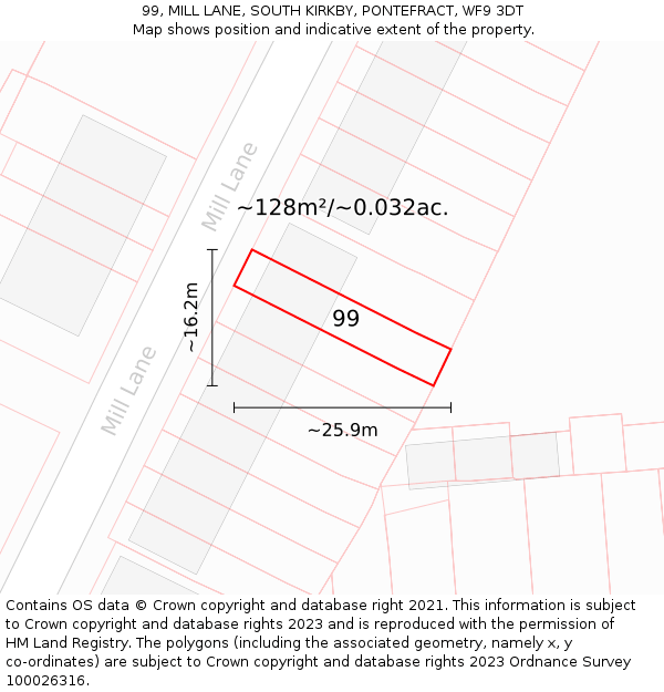 99, MILL LANE, SOUTH KIRKBY, PONTEFRACT, WF9 3DT: Plot and title map