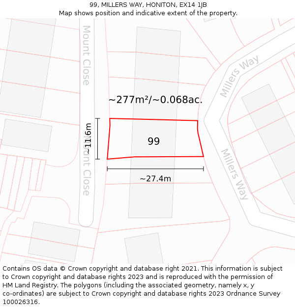 99, MILLERS WAY, HONITON, EX14 1JB: Plot and title map