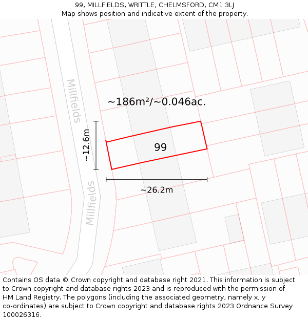 99, MILLFIELDS, WRITTLE, CHELMSFORD, CM1 3LJ: Plot and title map