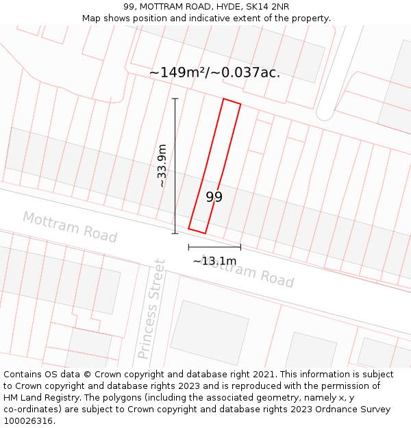 99, MOTTRAM ROAD, HYDE, SK14 2NR: Plot and title map