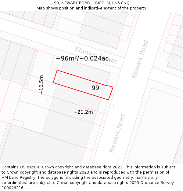 99, NEWARK ROAD, LINCOLN, LN5 8NQ: Plot and title map