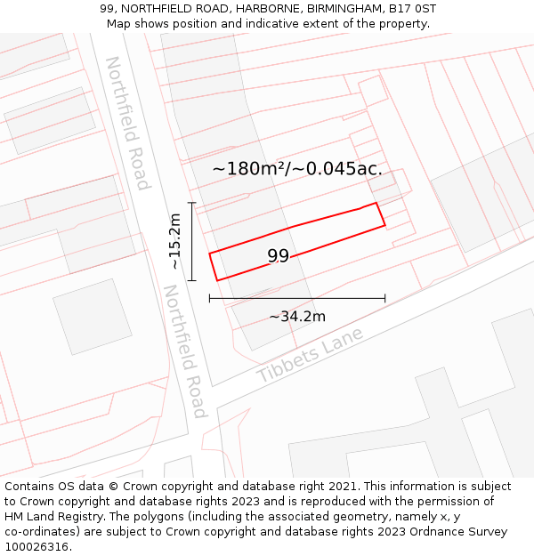 99, NORTHFIELD ROAD, HARBORNE, BIRMINGHAM, B17 0ST: Plot and title map