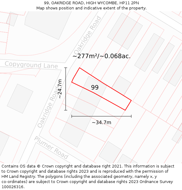 99, OAKRIDGE ROAD, HIGH WYCOMBE, HP11 2PN: Plot and title map