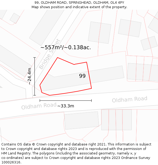 99, OLDHAM ROAD, SPRINGHEAD, OLDHAM, OL4 4PY: Plot and title map