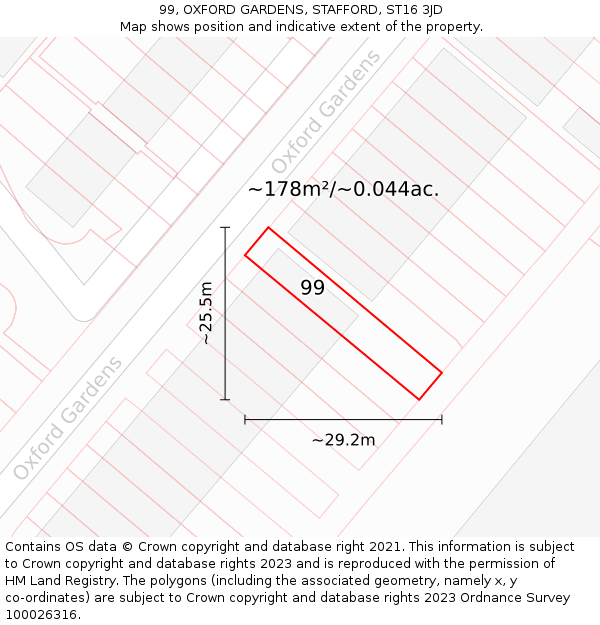 99, OXFORD GARDENS, STAFFORD, ST16 3JD: Plot and title map