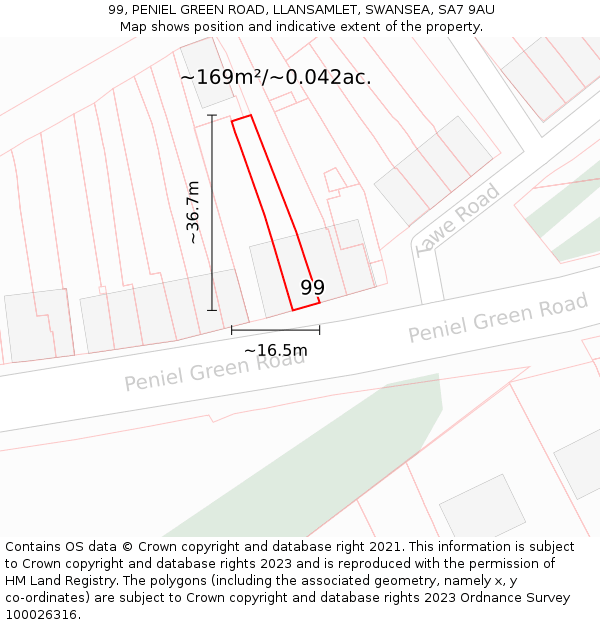 99, PENIEL GREEN ROAD, LLANSAMLET, SWANSEA, SA7 9AU: Plot and title map
