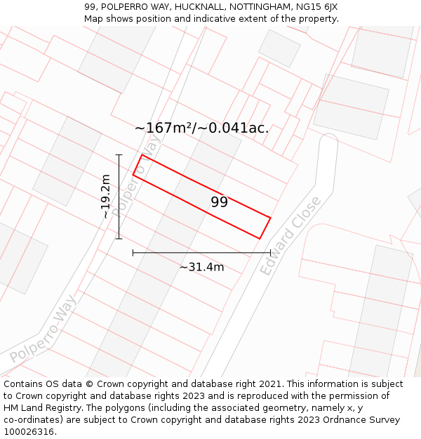 99, POLPERRO WAY, HUCKNALL, NOTTINGHAM, NG15 6JX: Plot and title map