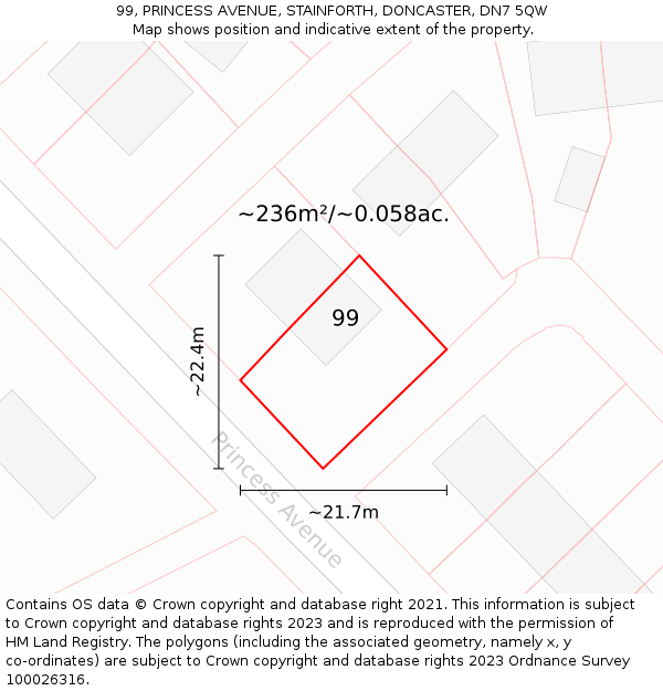 99, PRINCESS AVENUE, STAINFORTH, DONCASTER, DN7 5QW: Plot and title map