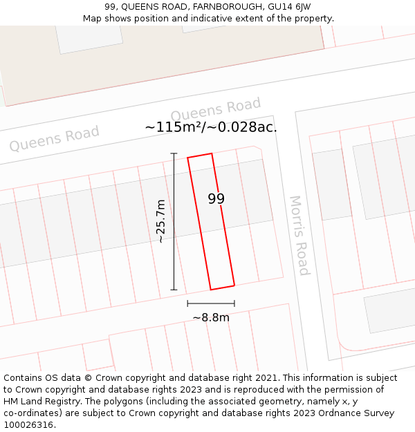 99, QUEENS ROAD, FARNBOROUGH, GU14 6JW: Plot and title map