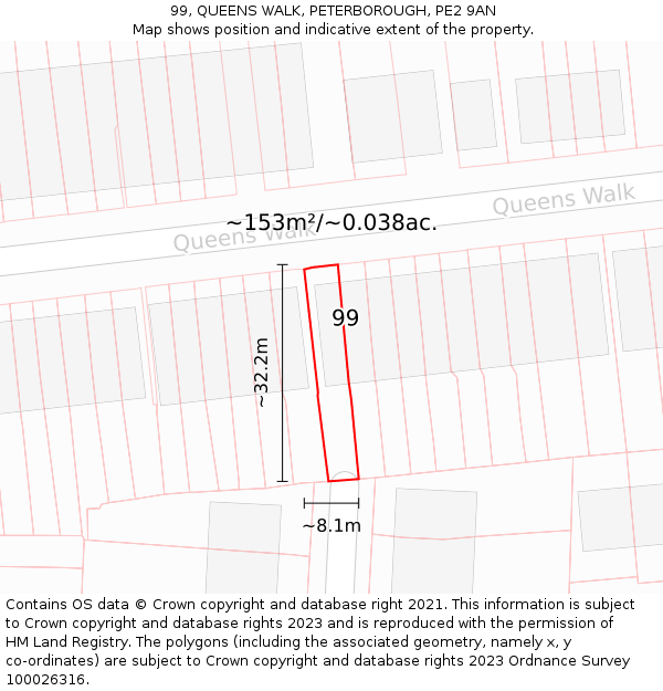 99, QUEENS WALK, PETERBOROUGH, PE2 9AN: Plot and title map