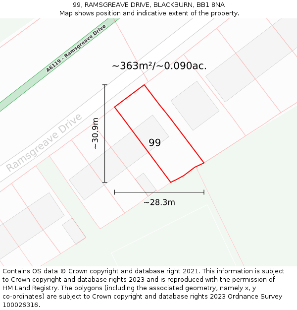 99, RAMSGREAVE DRIVE, BLACKBURN, BB1 8NA: Plot and title map