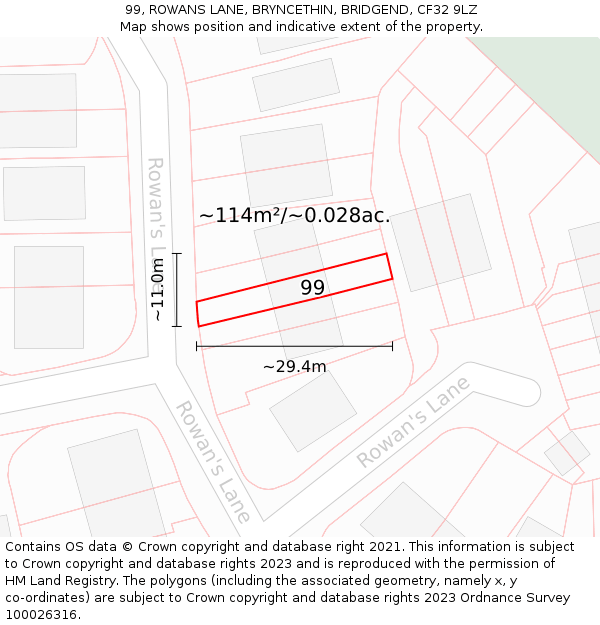 99, ROWANS LANE, BRYNCETHIN, BRIDGEND, CF32 9LZ: Plot and title map