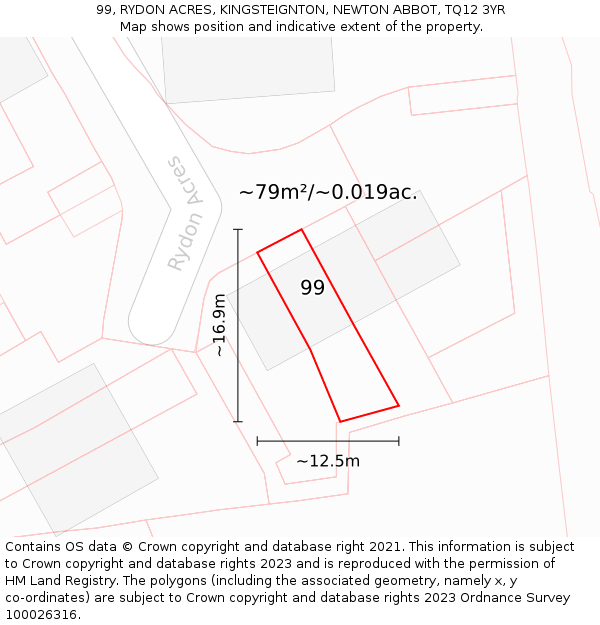 99, RYDON ACRES, KINGSTEIGNTON, NEWTON ABBOT, TQ12 3YR: Plot and title map