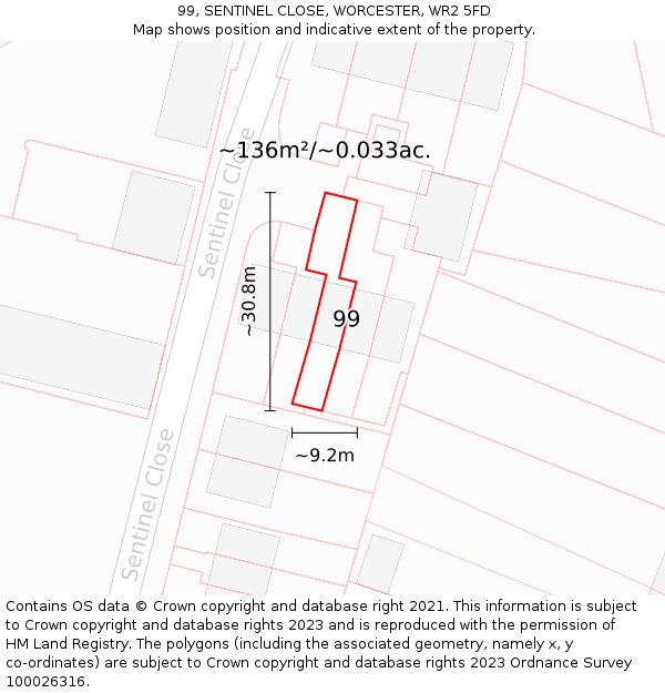 99, SENTINEL CLOSE, WORCESTER, WR2 5FD: Plot and title map
