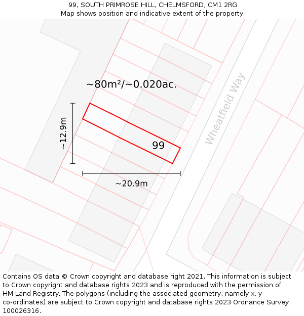 99, SOUTH PRIMROSE HILL, CHELMSFORD, CM1 2RG: Plot and title map