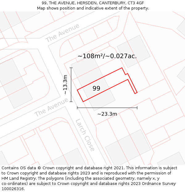 99, THE AVENUE, HERSDEN, CANTERBURY, CT3 4GF: Plot and title map
