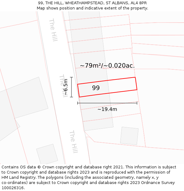 99, THE HILL, WHEATHAMPSTEAD, ST ALBANS, AL4 8PR: Plot and title map