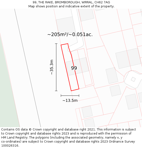 99, THE RAKE, BROMBOROUGH, WIRRAL, CH62 7AG: Plot and title map