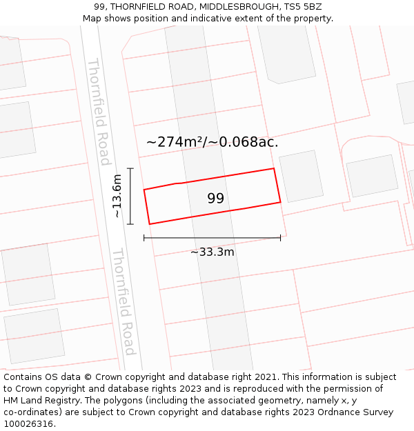 99, THORNFIELD ROAD, MIDDLESBROUGH, TS5 5BZ: Plot and title map