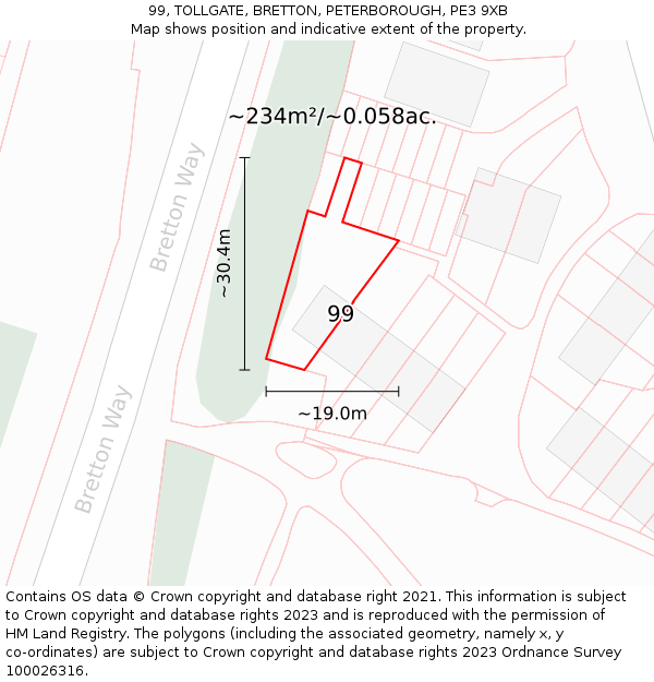 99, TOLLGATE, BRETTON, PETERBOROUGH, PE3 9XB: Plot and title map