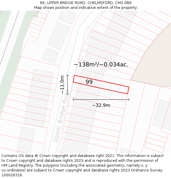 99, UPPER BRIDGE ROAD, CHELMSFORD, CM2 0BA: Plot and title map
