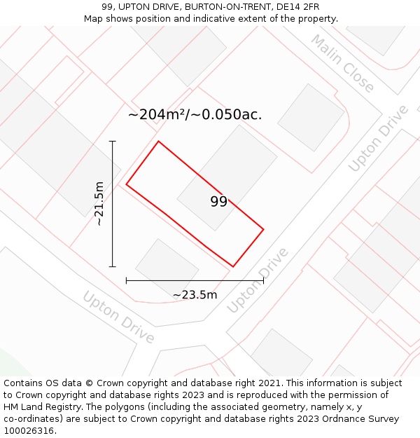 99, UPTON DRIVE, BURTON-ON-TRENT, DE14 2FR: Plot and title map