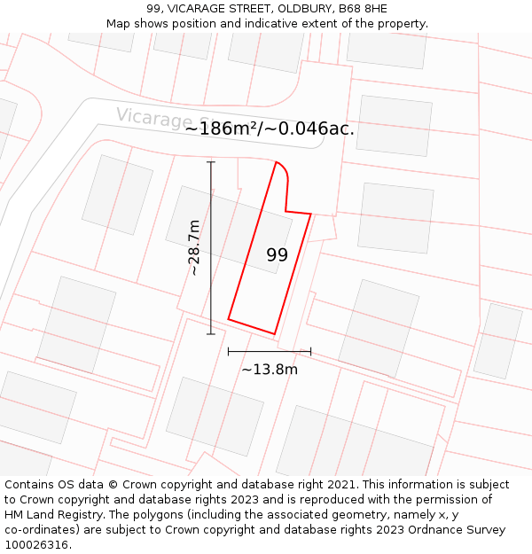 99, VICARAGE STREET, OLDBURY, B68 8HE: Plot and title map