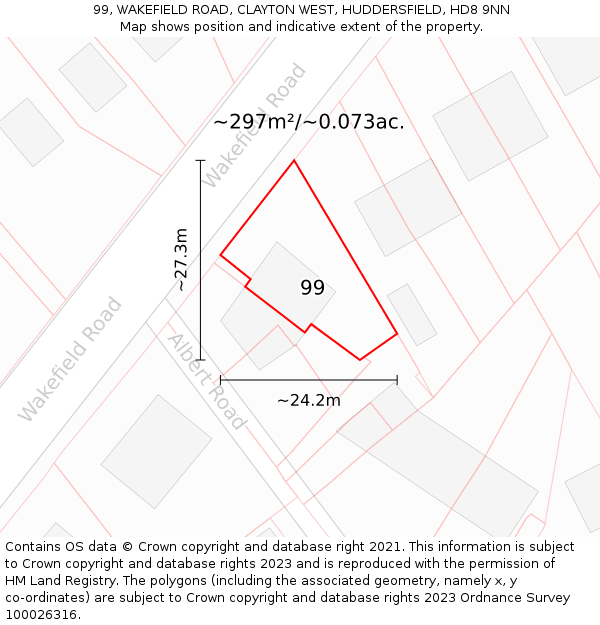 99, WAKEFIELD ROAD, CLAYTON WEST, HUDDERSFIELD, HD8 9NN: Plot and title map