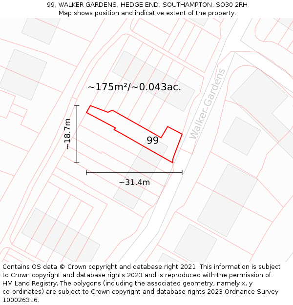 99, WALKER GARDENS, HEDGE END, SOUTHAMPTON, SO30 2RH: Plot and title map
