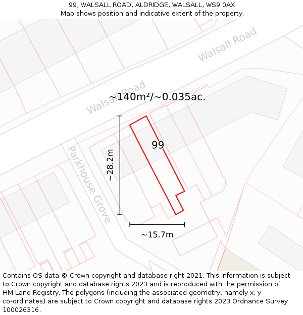 99, WALSALL ROAD, ALDRIDGE, WALSALL, WS9 0AX: Plot and title map