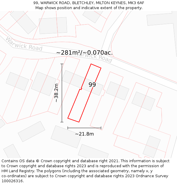 99, WARWICK ROAD, BLETCHLEY, MILTON KEYNES, MK3 6AF: Plot and title map