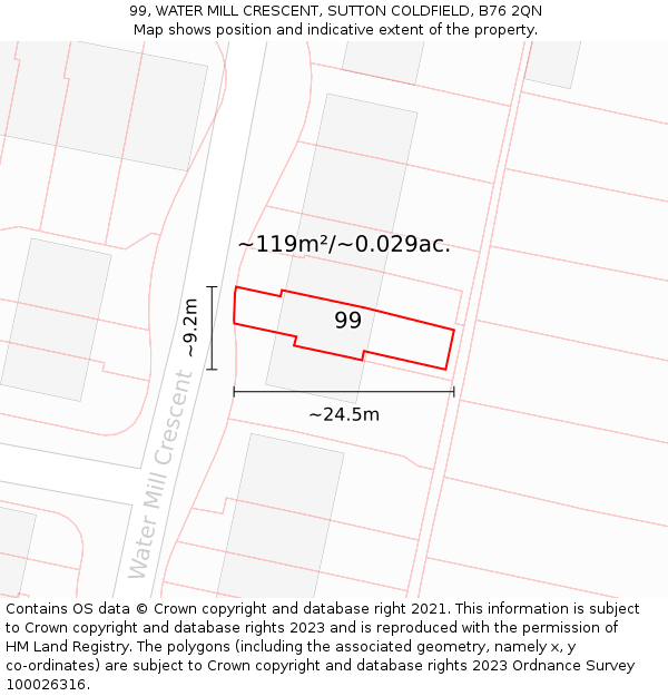 99, WATER MILL CRESCENT, SUTTON COLDFIELD, B76 2QN: Plot and title map