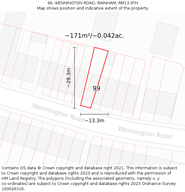 99, WENNINGTON ROAD, RAINHAM, RM13 9TH: Plot and title map