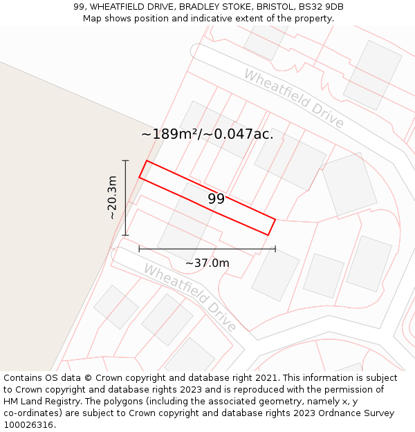 99, WHEATFIELD DRIVE, BRADLEY STOKE, BRISTOL, BS32 9DB: Plot and title map