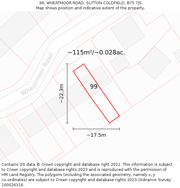 99, WHEATMOOR ROAD, SUTTON COLDFIELD, B75 7JS: Plot and title map