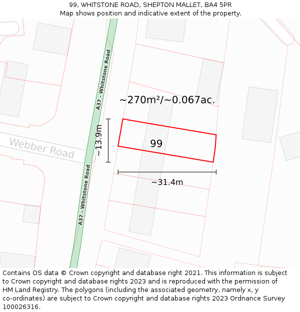 99, WHITSTONE ROAD, SHEPTON MALLET, BA4 5PR: Plot and title map