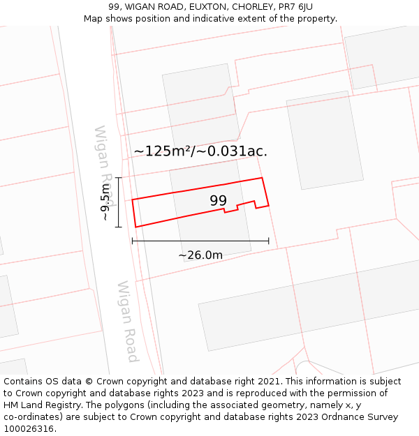 99, WIGAN ROAD, EUXTON, CHORLEY, PR7 6JU: Plot and title map