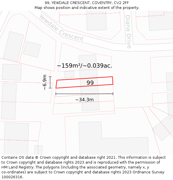 99, YEWDALE CRESCENT, COVENTRY, CV2 2FF: Plot and title map
