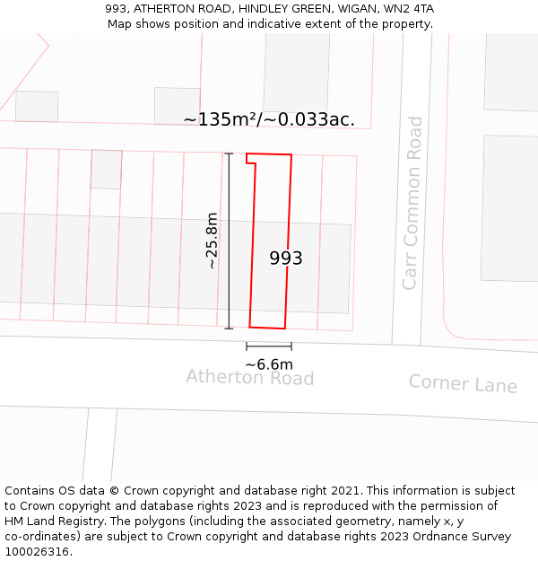 993, ATHERTON ROAD, HINDLEY GREEN, WIGAN, WN2 4TA: Plot and title map